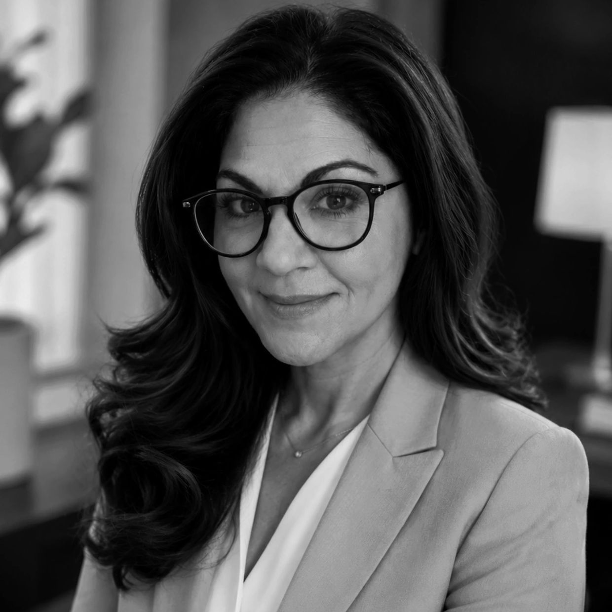 Professional woman with glasses and wavy hair in a blazer.