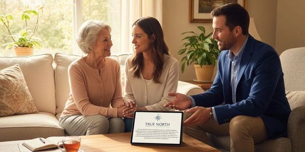 Family meeting with advisor at home with tablet.