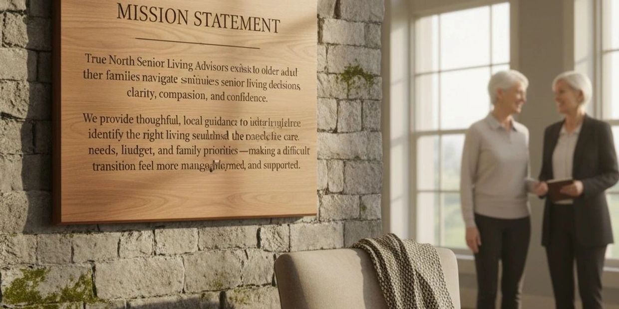 Mission statement displayed on a wooden board in senior living facility.