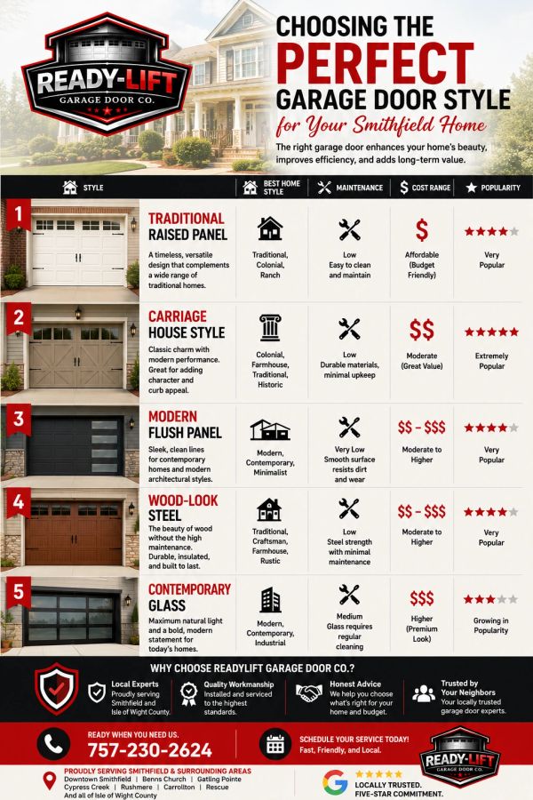 Comparison of traditional, carriage-house, modern, wood-look steel, and contemporary garage door sty