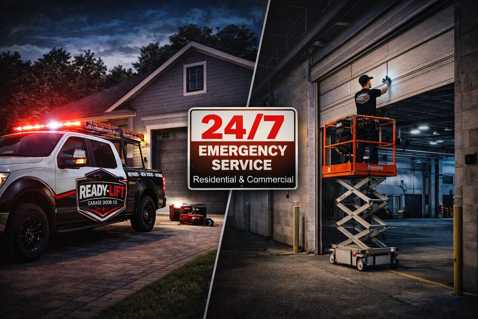 Garage door emergency service available 24/7 with Ready Lift.