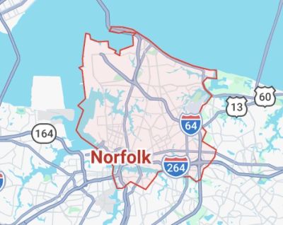 Readylift Garage Door Co. Map highlighting Norfolk, Virginia, and surrounding highways.