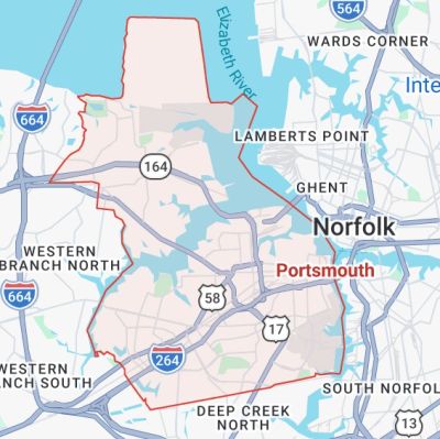 Readylift Garage Door Co. Map highlighting Portsmouth area in Virginia.