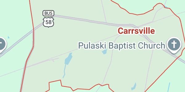 Readylift Garage Door Co. Service Map view showing Carrsville and Pulaski Baptist Church.