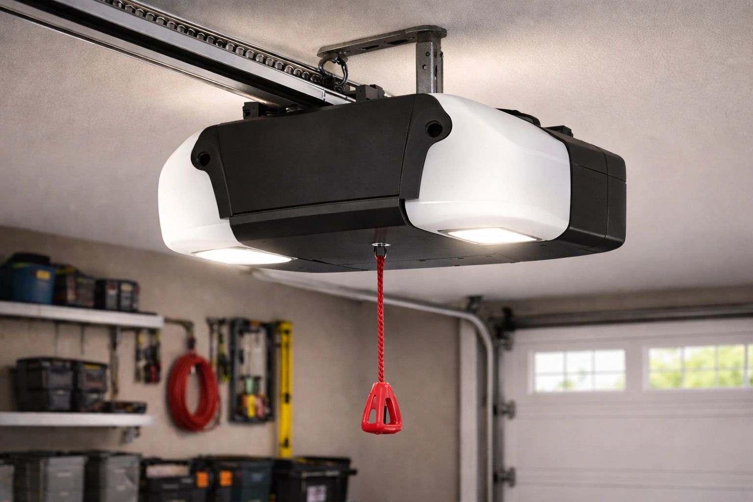 Modern garage door opener with safety release cord installed.