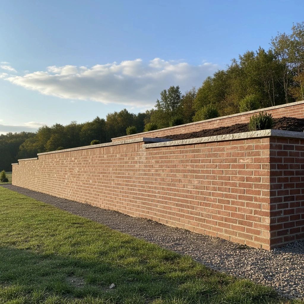 A long brick retaining wall with tiered planters.