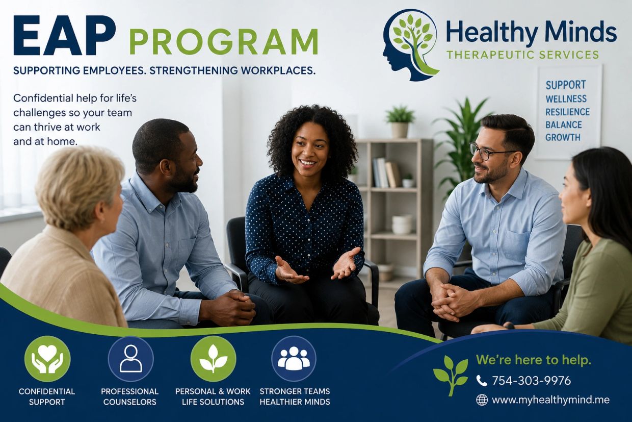 Group therapy session promoting EAP Program by Healthy Minds Therapeutic Services.