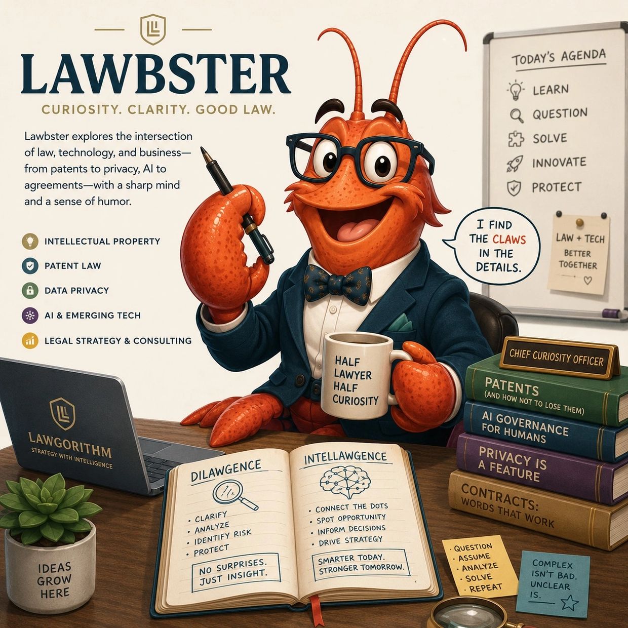 A cheerful lobster lawyer character emphasizing law, technology, and curiosity with educational books and notes.