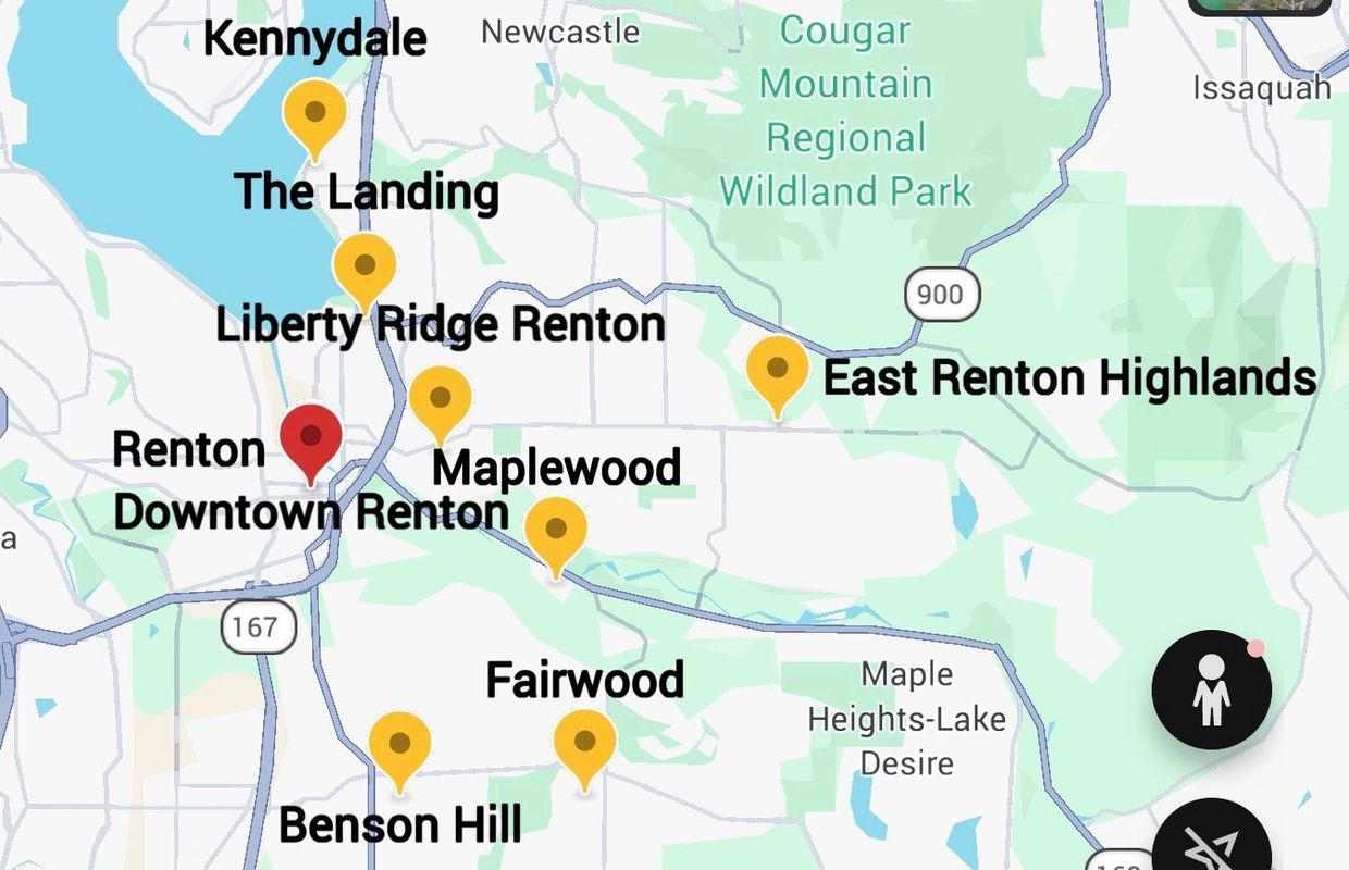 Map showing neighborhoods served by Driftwood Plumbing & Heating throughout Renton, Washington.
