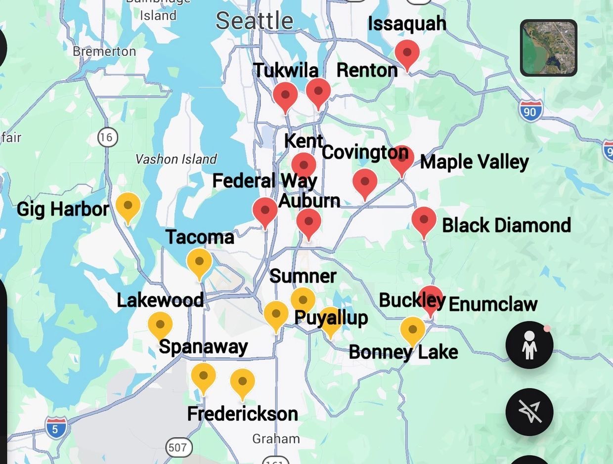 Map showing the South King County and Pierce County service areas covered by Driftwood Plumbing & He