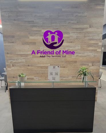 Reception area of A Friend of Mine Adult Day Services with modern decor.