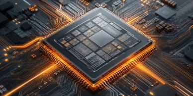 Close-up of a glowing microchip on a circuit board.