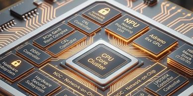 Close-up of a CPU core cluster on a microchip.