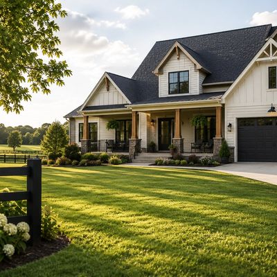 Beautiful modern farmhouse with a manicured lawn and peaceful surroundings.