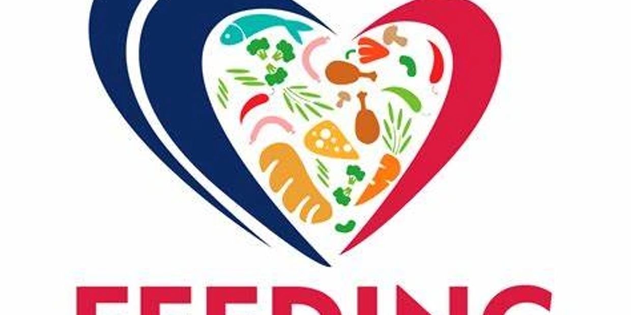 Logo showing two stylized figures with a heart filled with food items, captioned 'Feeding our families'.