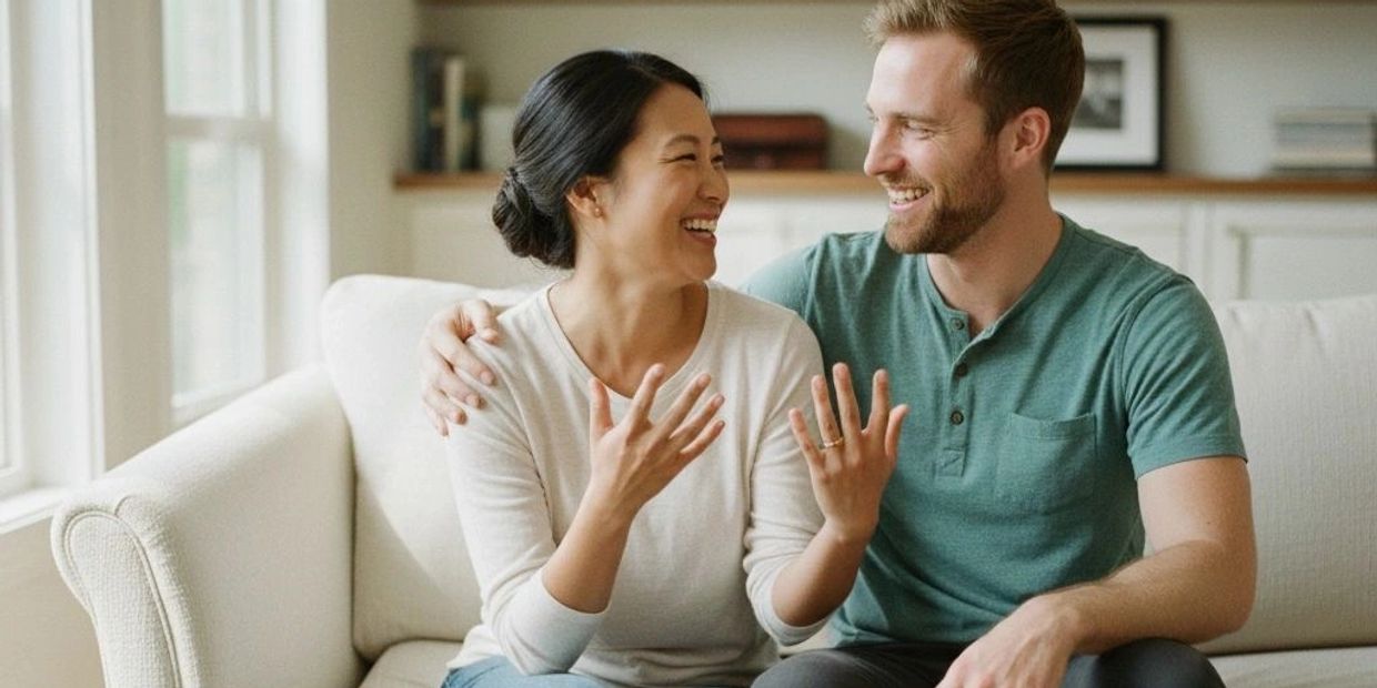 Happy couple showing their rings and smiling on a couch.