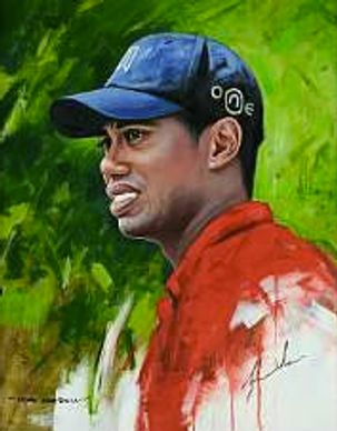 Photograph of a painting of the golfer Tiger Woods.
