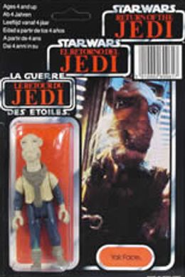 Photograph of a star wars figure. Yak Face in the original packaging.