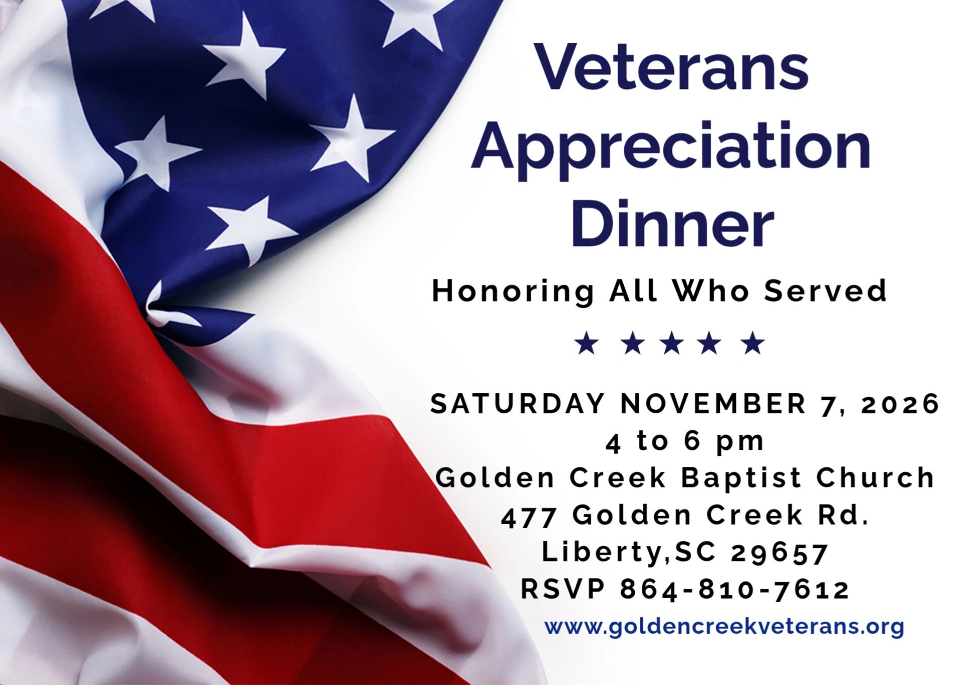 Veterans Appreciation Dinner invitation with American flag background.