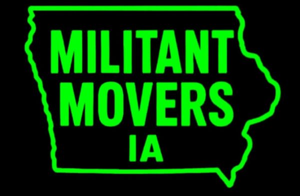 Logo of Militant Movers IA with green text and outline.