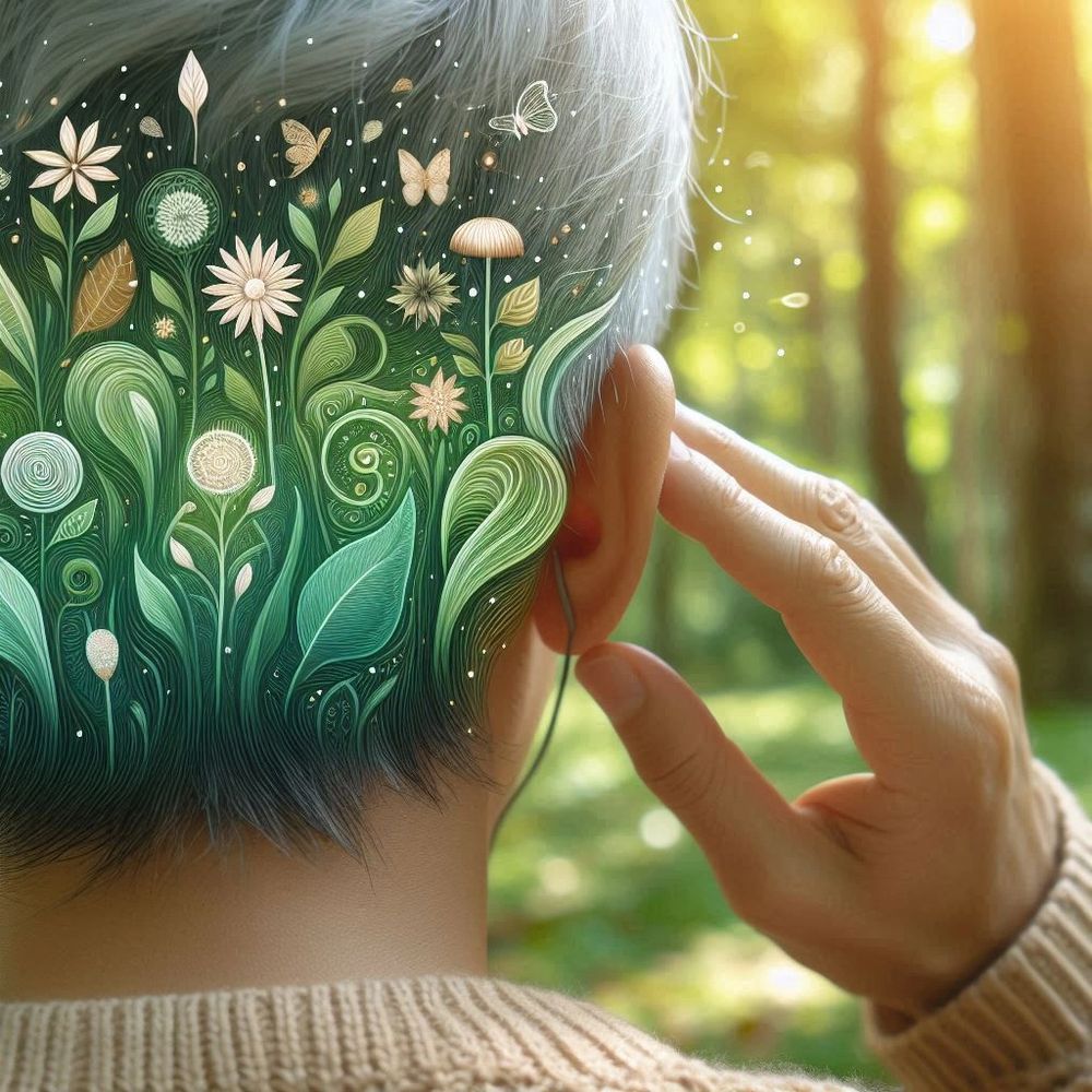 Person with floral and nature patterns blending into their hair, outdoors in sunlight.