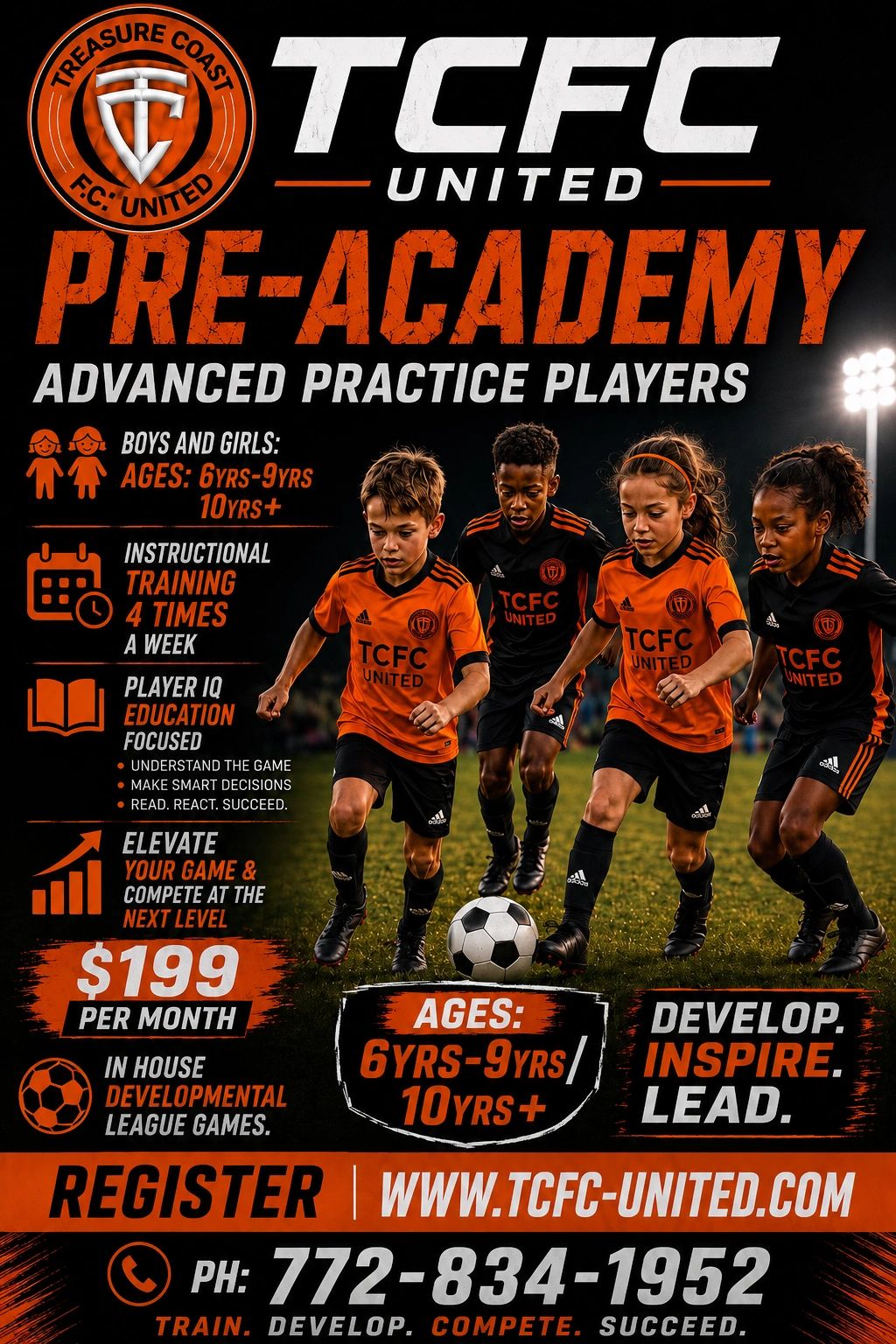 TCFC United Pre-Academy advanced practice for boys and girls ages 6-9 and 10+.