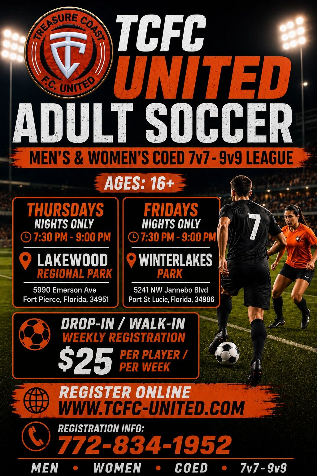 Flyer for TCFC United adult coed soccer leagues for ages 16+.