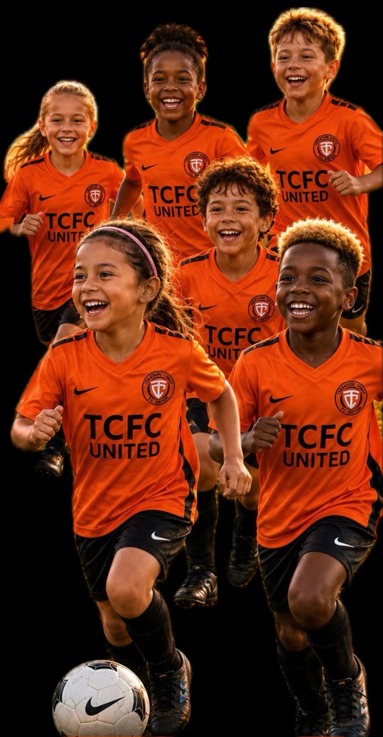 Smiling kids in orange soccer uniforms running with a ball.
