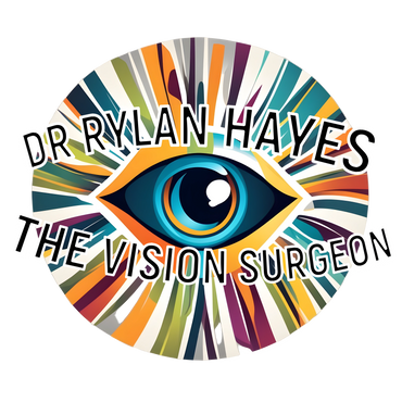A stylised eye with radiating rainbow colours. Dr Rylan Hayes The Vision Surgeon is overlayed