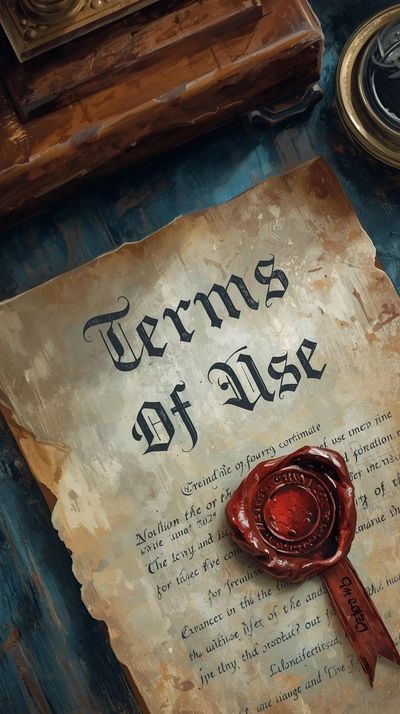 Old parchment titled 'Terms of Use' with a red wax seal on a wooden surface.