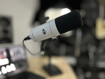 Close-up of a professional microphone with a blurred background.