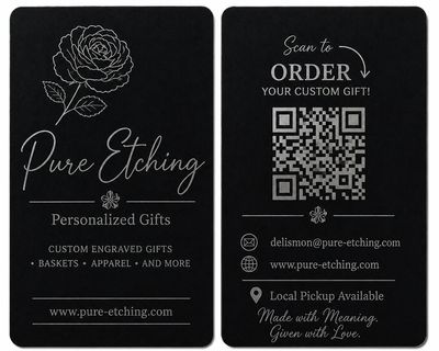 Elegant business cards for Pure Etching, offering personalized custom engraved gifts.