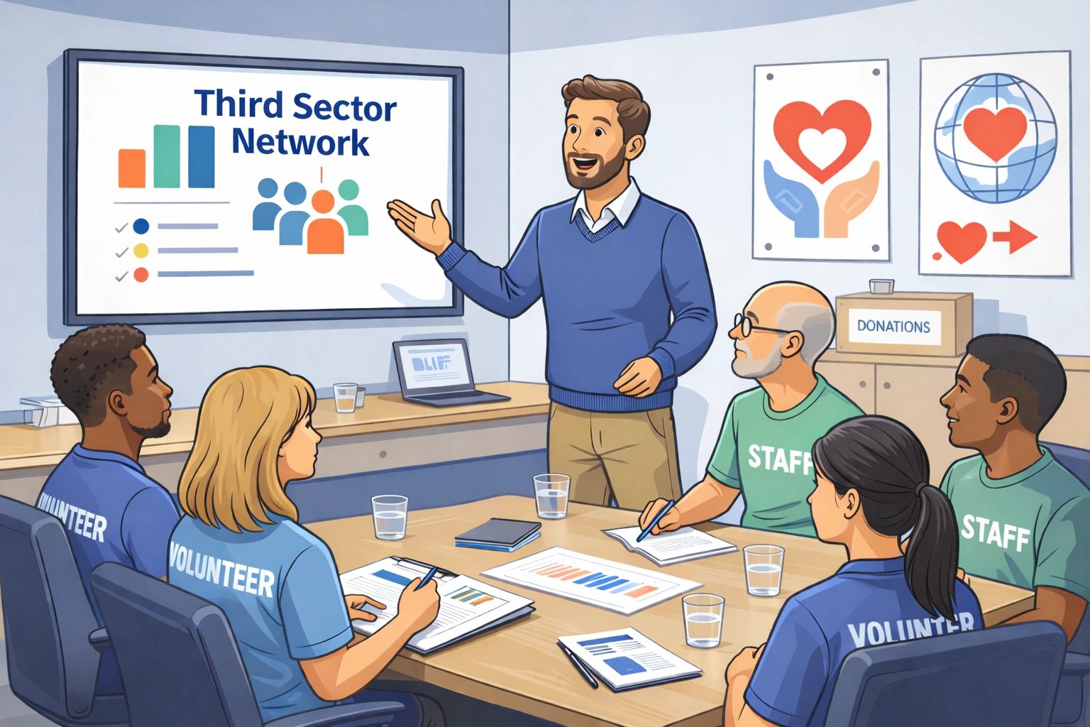 An individual delivering staff training to a team of charity workers.