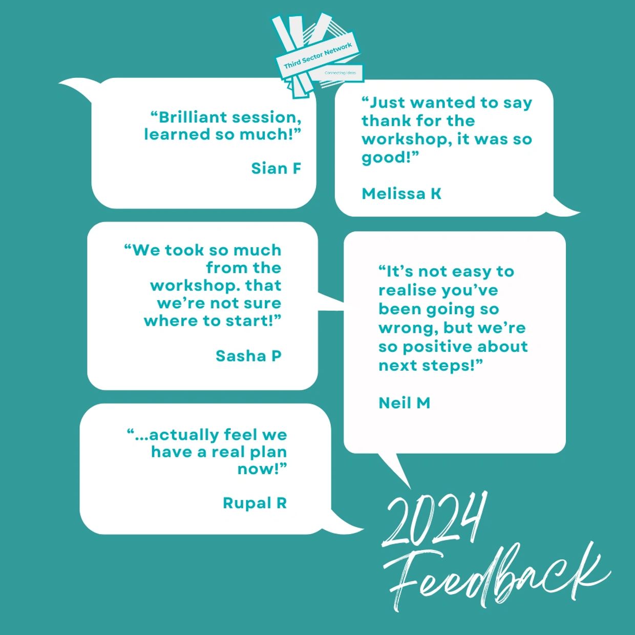 Testimonials about Third Sector Network's online workshops. All positive.
