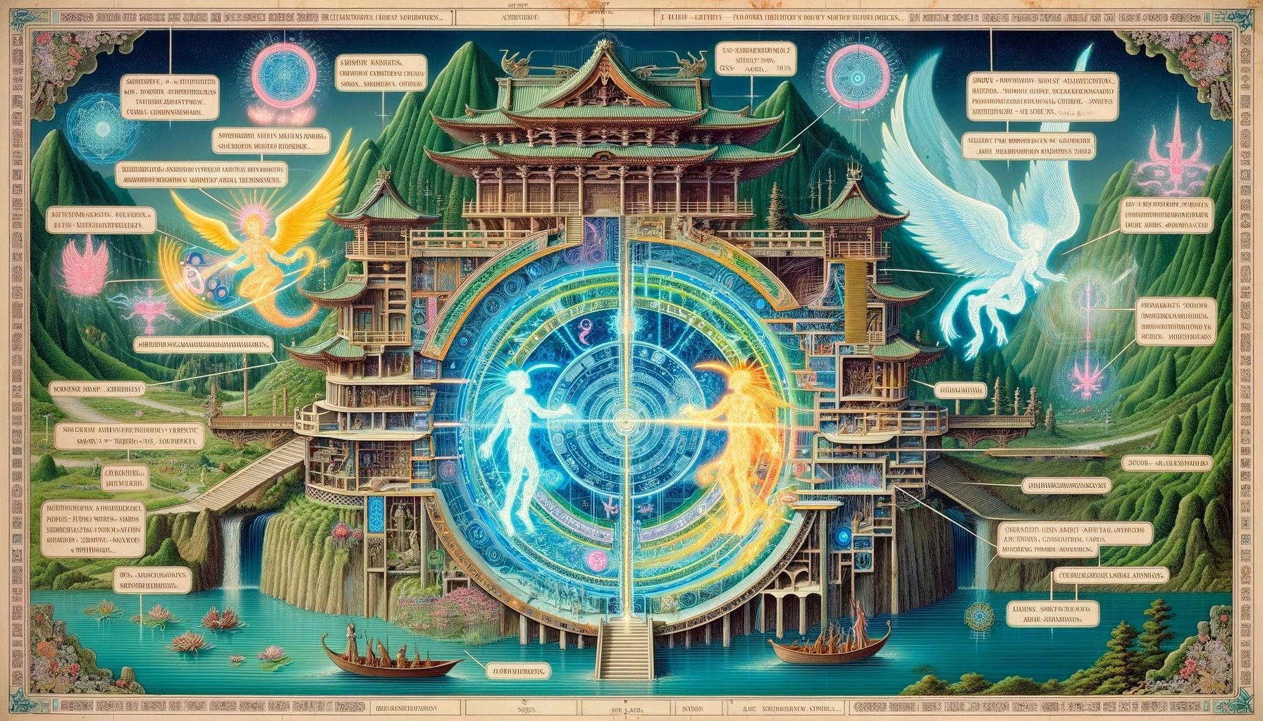 Intricate fantasy scene with glowing figures, mystical symbols, and a grand temple set in lush mountains.