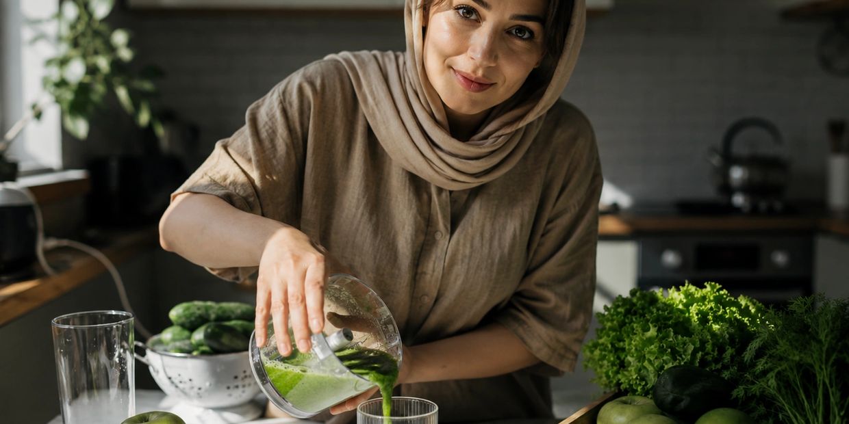 Woman pouring green smoothie in a kitchen filled with fresh vegetables.