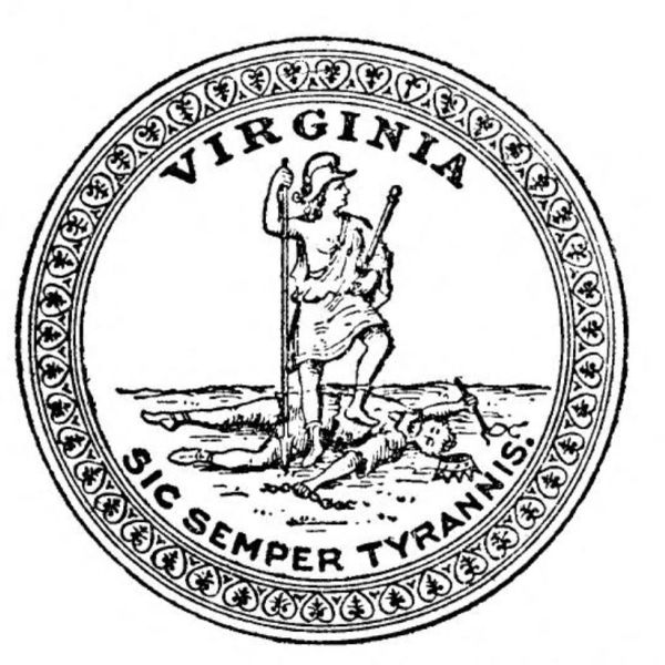 Seal of Virginia with motto and figures.