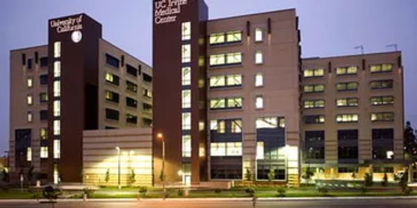 University of California Irvine Medical Center building at dusk.