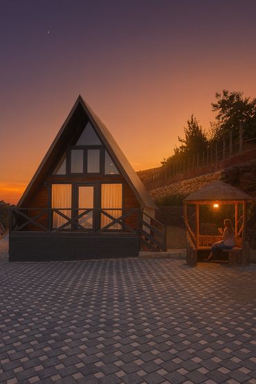 OSB Bungalow gün batımında ahşap bungalov konaklama ve dinlenme alanı