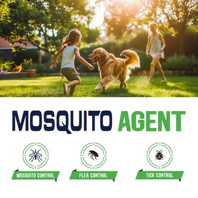 Children playing with a dog outdoors with mosquito, flea, and tick control advertisement.