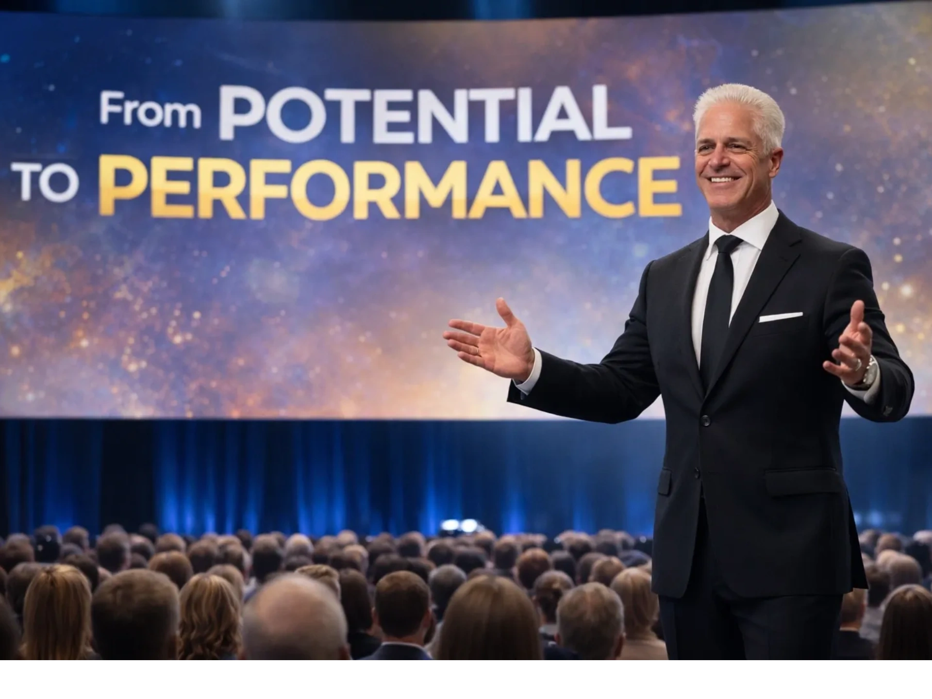 A confident speaker in a suit addresses a large audience with a motivational backdrop.