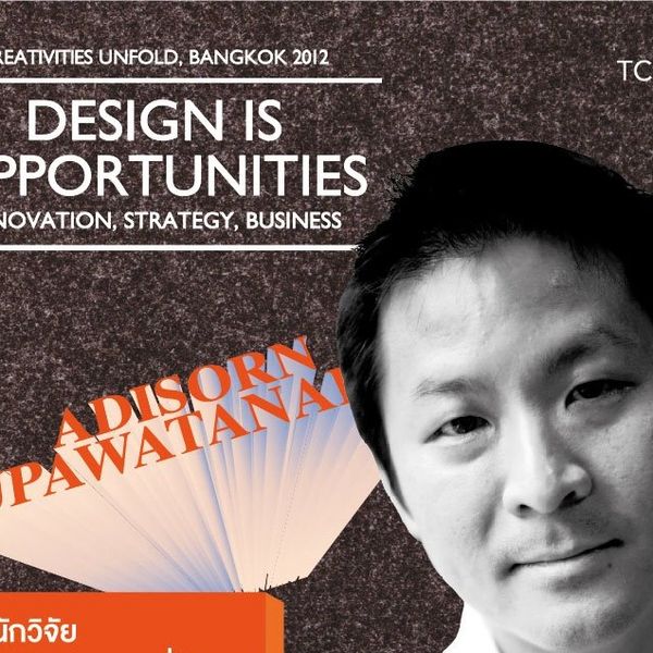 Portrait of Adisorn Supawatanakul with design conference details in Bangkok 2012.