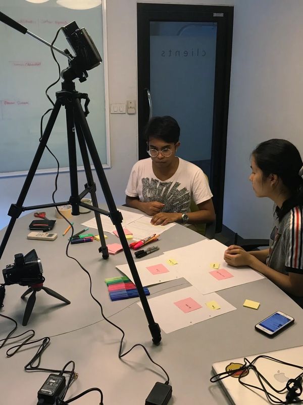 Two people working on a project with cameras and sticky notes in a meeting room.