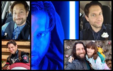 A montage including one with Matthew's daughter--whose artwork resides at the back of each book.