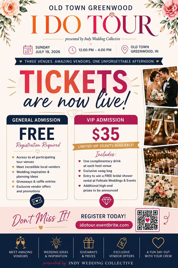 Wedding tour tickets now live for Old Town Greenwood event, July 19, 2026.