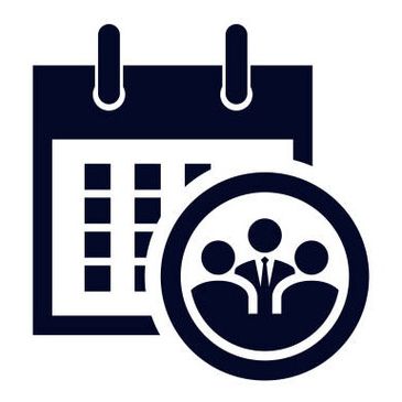 Calendar with a group meeting icon symbolizing scheduled events.