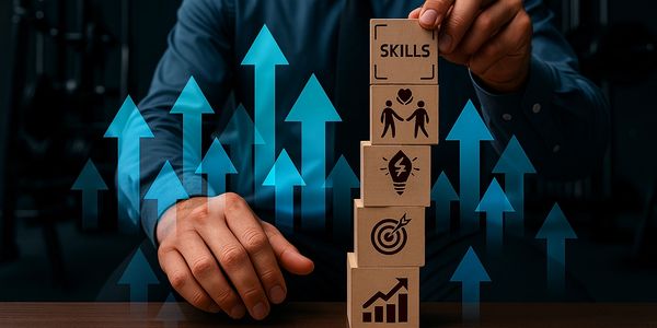 Person stacking blocks labeled with skills and growth icons, symbolizing personal or professional development.