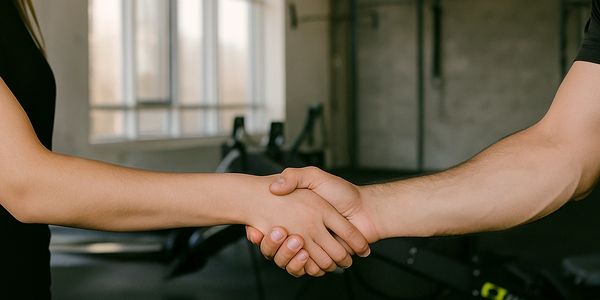 Two people shaking hands in a gym setting.