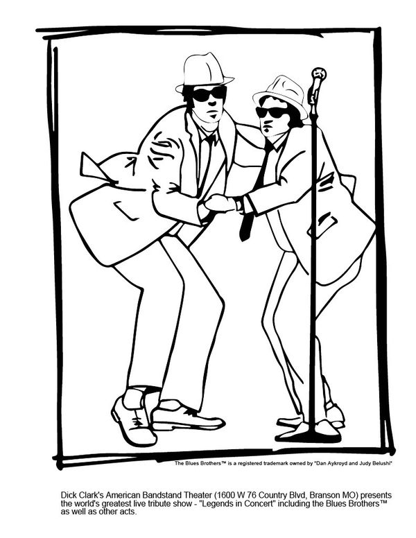 Illustration of the Blues Brothers performing on stage with a microphone stand.