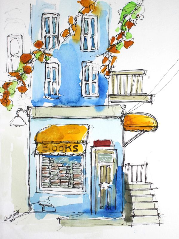 Watercolor sketch of a blue bookstore with orange awnings and climbing vines.